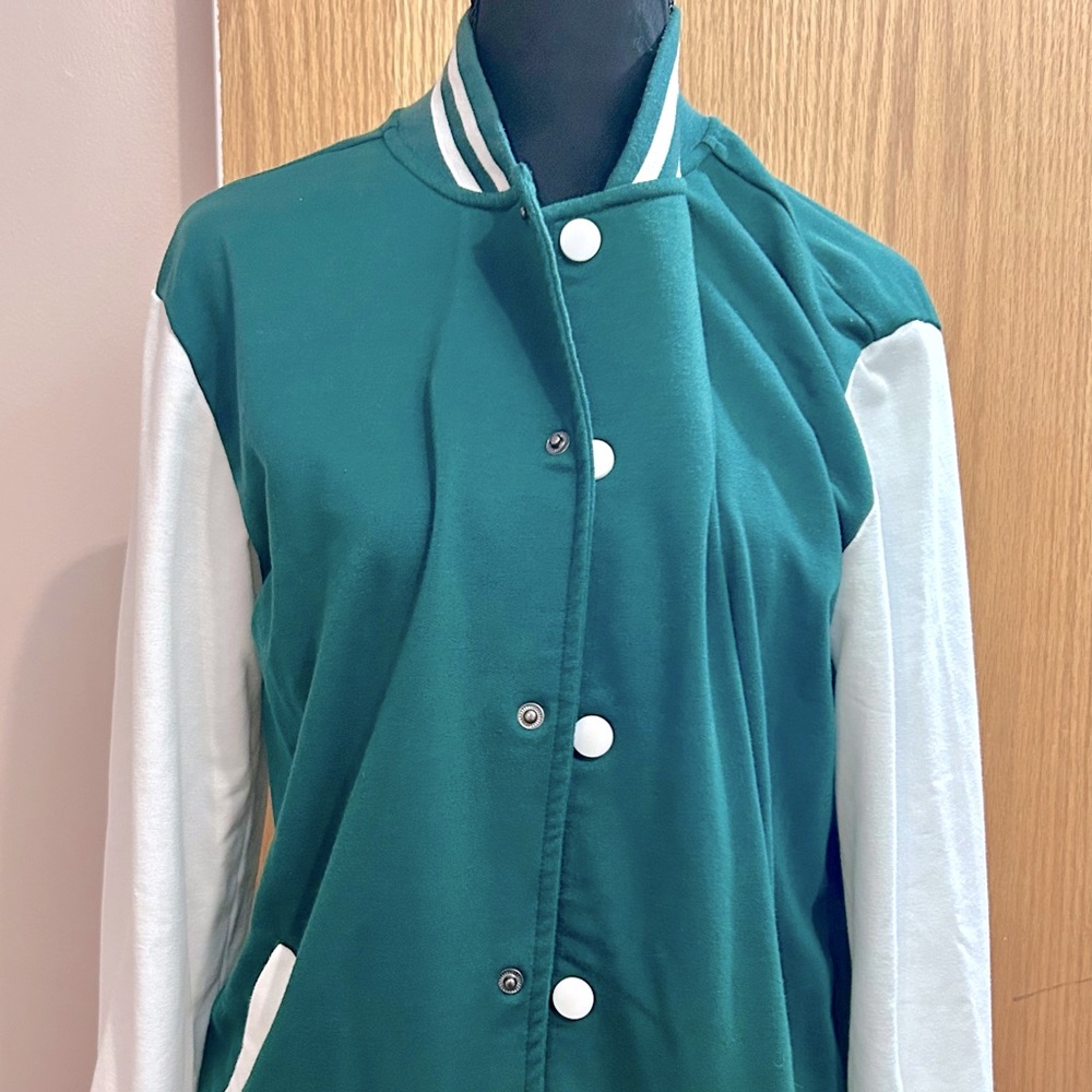 Coofandy, Women’s size Small, green and white varsity jacket,